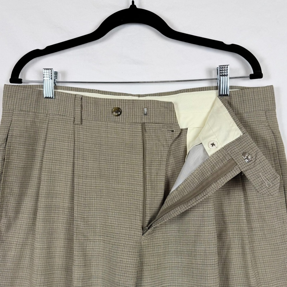 Jos A Bank 34R Wool Pleated Dress Pants Brown Houndstooth Cuffed Work Wedding - Picture 4 of 9